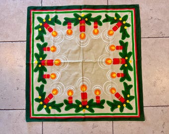 Vintage Traditional 70s Swedish Christmas festive red tablecloth, Scandinavian Christmas, Square Tablecloth Jul Tomtar Candles Blue Hearts