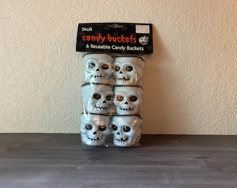 Vintage 1990s Halloween Decor, Vintage Set of 6 NOS Skull Candy Pail, Vintage Plastic Halloween Skull, Trick or Treat