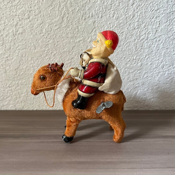 Vintage Santa Claus on Reindeer Windup Toy, Vintage 1950's Frankonia Tin Santa on Faux Mohair Reindeer Wind Up Toy Made in Japan