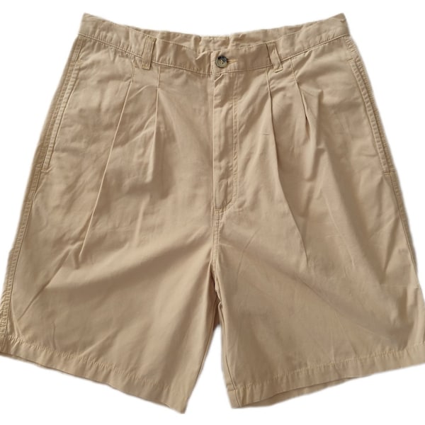 90's Vintage Tan High Waist Shorts With Pleat&Pocket Casual Basics Summer Cotton Unisex Size L Shorts, 80's 90's Shorts