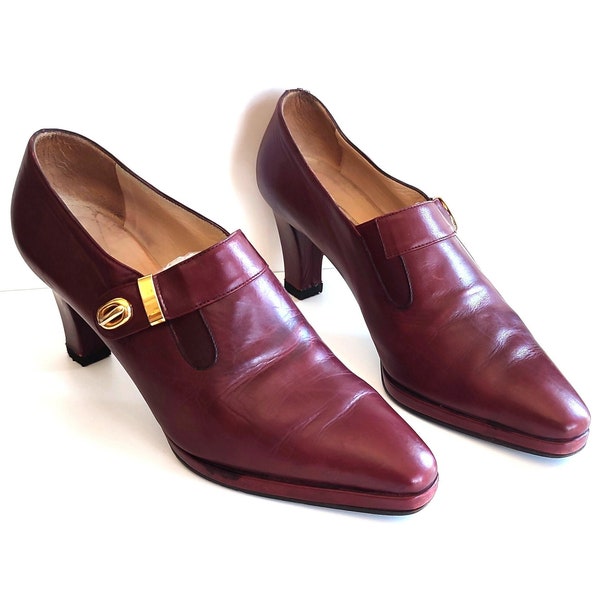 Vintage Burgundy/Brown Leather Chunky Heel Loafers Pumps With Gold Buckle Lola Lorca Designer Pumps Made In Italy 70s 80s 90s Shoes Eu36-37