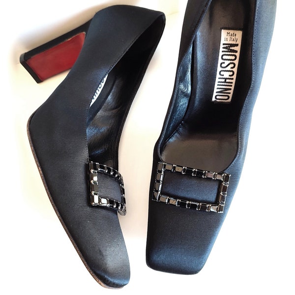 MOSCHINO Black Satin Square Toe Pumps With Bead Buckled 90's 00's Y2k Vintage Designer Pumps Made In Italy Eu37/Us6.5