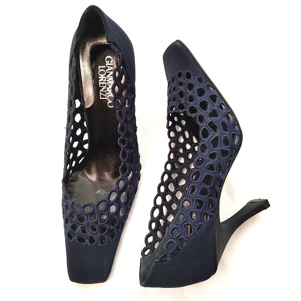 GIANMARCO LORENZI Square Toe Cut Out Mesh Pumps In Navyblue 90s 00s Y2k Vintage Designer Decolette Openwork Hollow Pumps Made In Italy Eu36