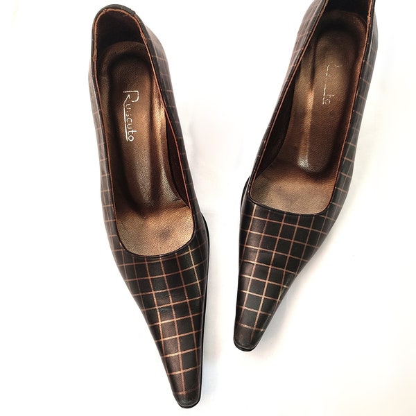 Vintage Pointed Toe Kitten Heel Pumps With Square Print 90's 00's Y2k Geometric Patterned Heels Eu36/Us6