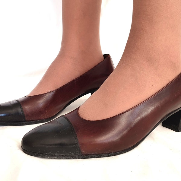 BRUNO MAGLI 80s Vintage Two Tone Loafers Pumps In Brown&Black Pointed Toe Low Chunky Heeled Made In Italy Pumps Eu40,5-41/Us9,5 Pumps