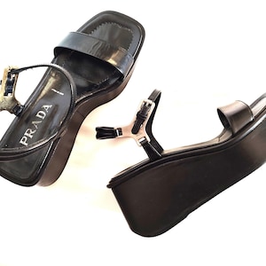 PRADA 90's Vintage Black Platform Sandals, Slingback Square Toe Chunky Wedges With Metal Buckles And Logos Eu38-39/Us7.5-8