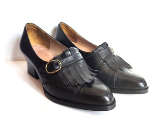 80's 90's Vintage Black Leather Loafer With Tassel Chunky Low Heel Slip On Loafer Pumps Handmade Shoes