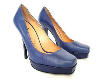 Blue Leather Square Toe High Heel Platform Pumps 90's 00's Y2k Vintage Unused Retro Pumps Heels Eu36-37/Us6-6.5/Uk3.5-4