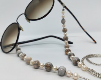 Pearl&Wood Natural Bead Handmade Sunglasses Chain, White-Gray Sunglasses Strap/Holder/Cord, Eyewear Accessories, Elegant Gift, Gifts For Her