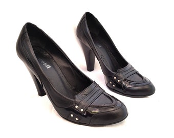 Vintage Black Leather Pumps Round Toe Slip On Pumps 80's 90's Shoes Eu35-36