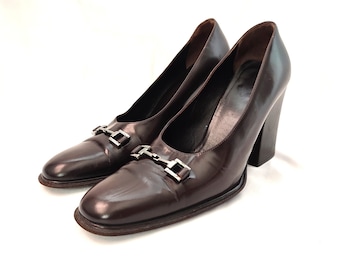 GUCCI Horsebit Brown Patent Leather Chunky Heel Loafers