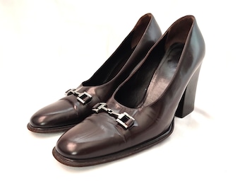 GUCCI Horsebit Brown Patent Leather Chunky Heel Loafers Pumps 90's 00's Vintage Authentic GG Shoes Made In Italy Eu37/Us6.5