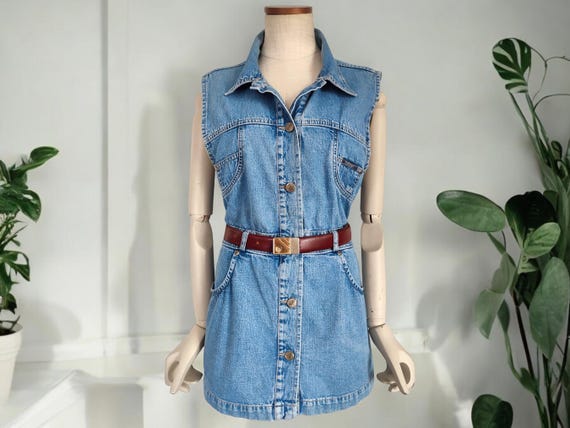 90's Y2k Vintage Sleeveless Mini Denim Dress With Button up