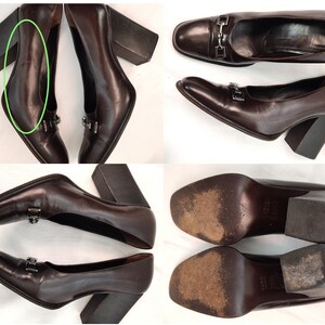 May include: Brown leather heeled pumps with a square toe and a buckle detail. The heels are block heels and the shoes have a leather sole.