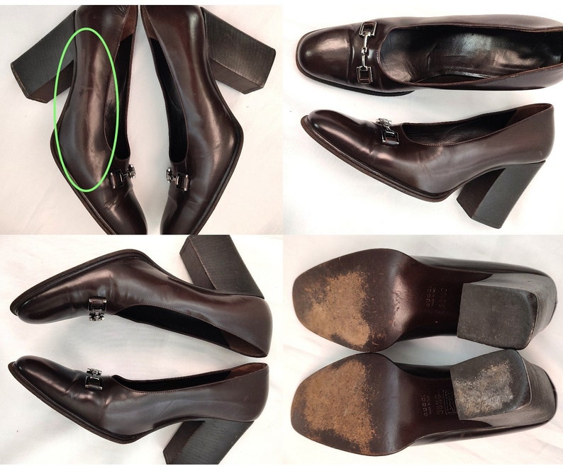 May include: Brown leather heeled pumps with a square toe and a buckle detail. The heels are block heels and the shoes have a leather sole.