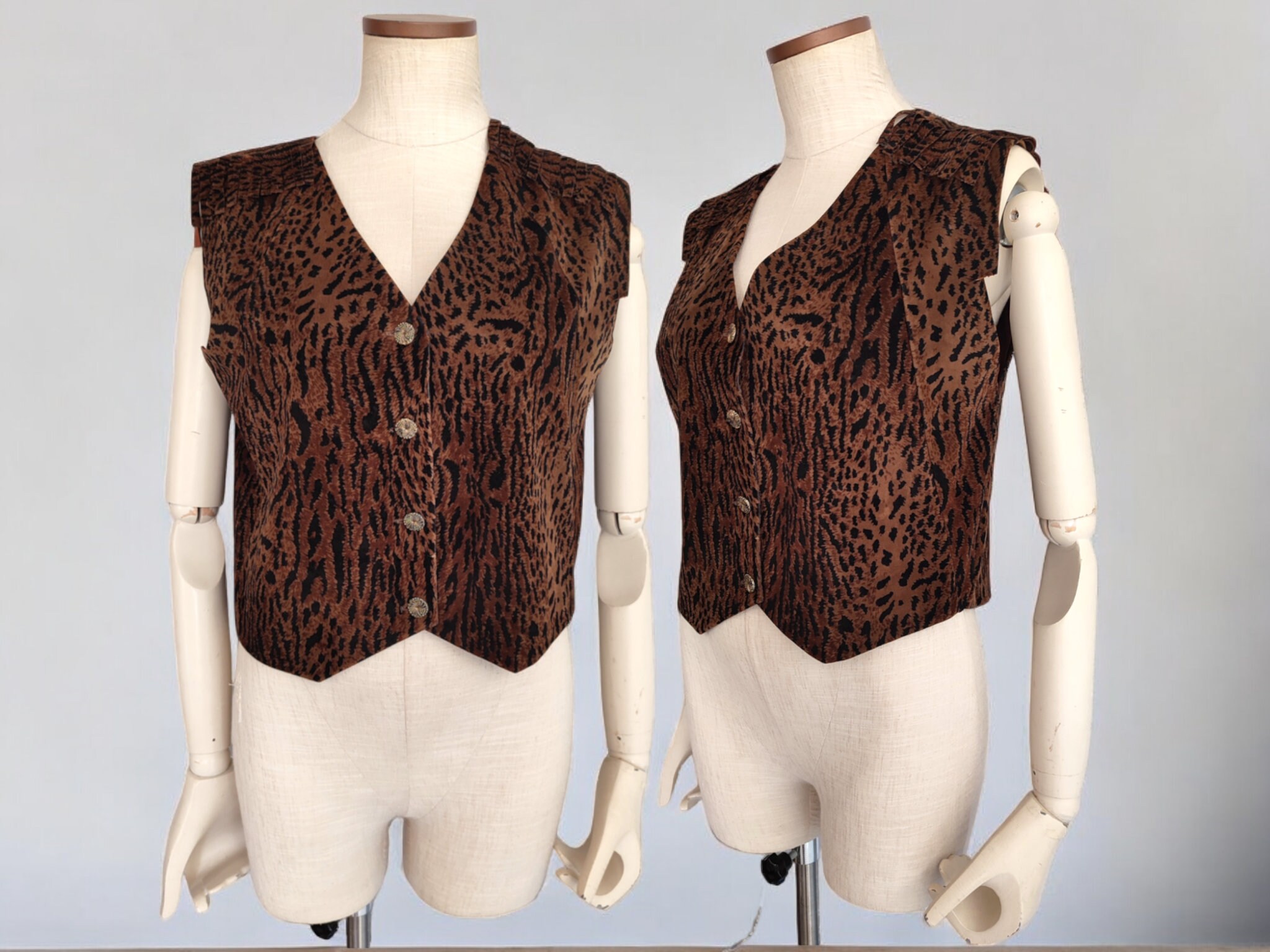 Vintage Leopard Faux Suede Vest With Shoulder Tassel, Button up