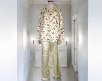 Jaren 90 vintage gele zijden pyjama met berenprint, button-up pyjamatop en broek 2-delig maat S/M set, slaapjurk, nachtkleding, cadeaus voor haar