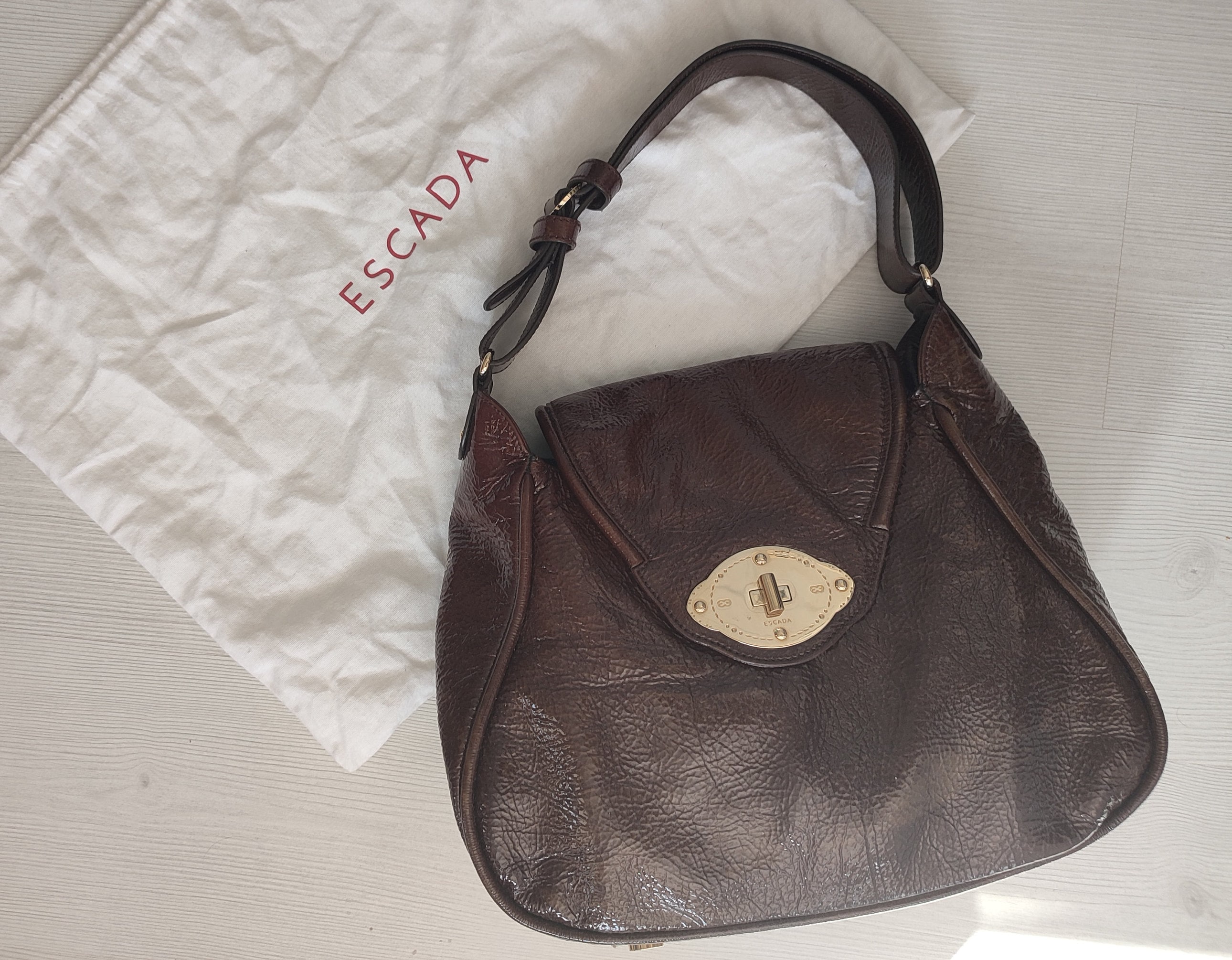 ESCADA Brown Patent Leather Shoulder Bag With Gold Hardware, 90