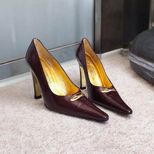 CHRISTIAN LACROIX Patent Leather Pumps With Gold Buckled 90s 00s Y2k Vintage Pointy High Heel Elegant Pumps Made In Italy Designer Pumps