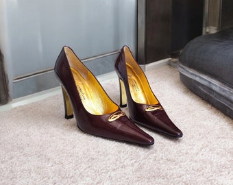 CHRISTIAN LACROIX Patent Leather Pumps With Gold Buckled 90s 00s Y2k Vintage Pointy High Heel Elegant Pumps Made In Italy Designer Pumps