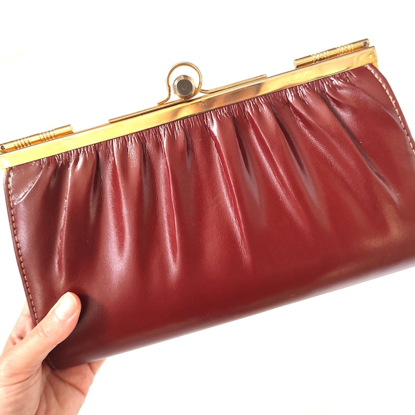80s Vintage Faux Leather Brown/Burgundy Clutch Bag With Golden Clousure Handmade Crossbody Purse