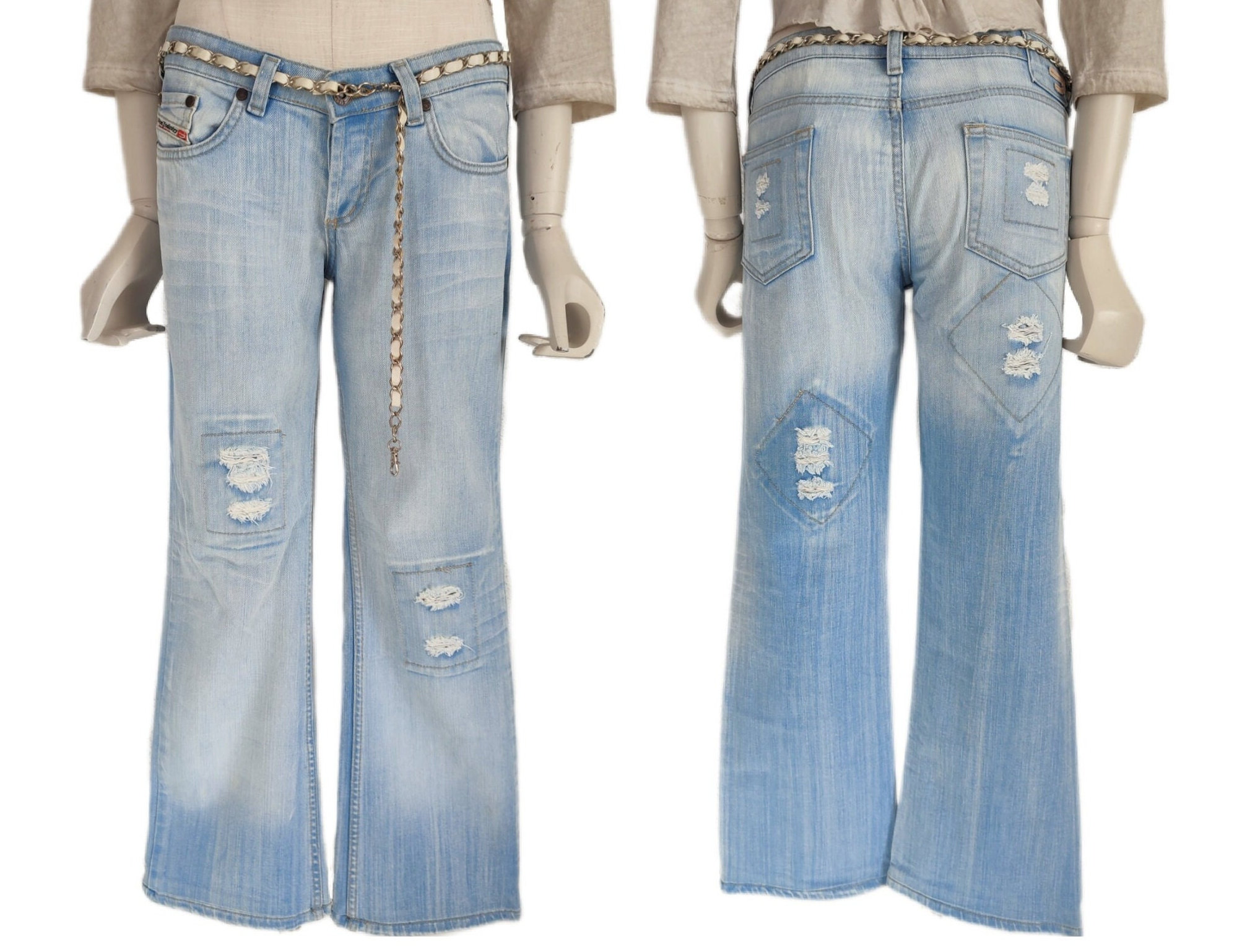 DIESEL Y2k Vintage Low Waist Women Jeans With Ripped Patch, Wide 
