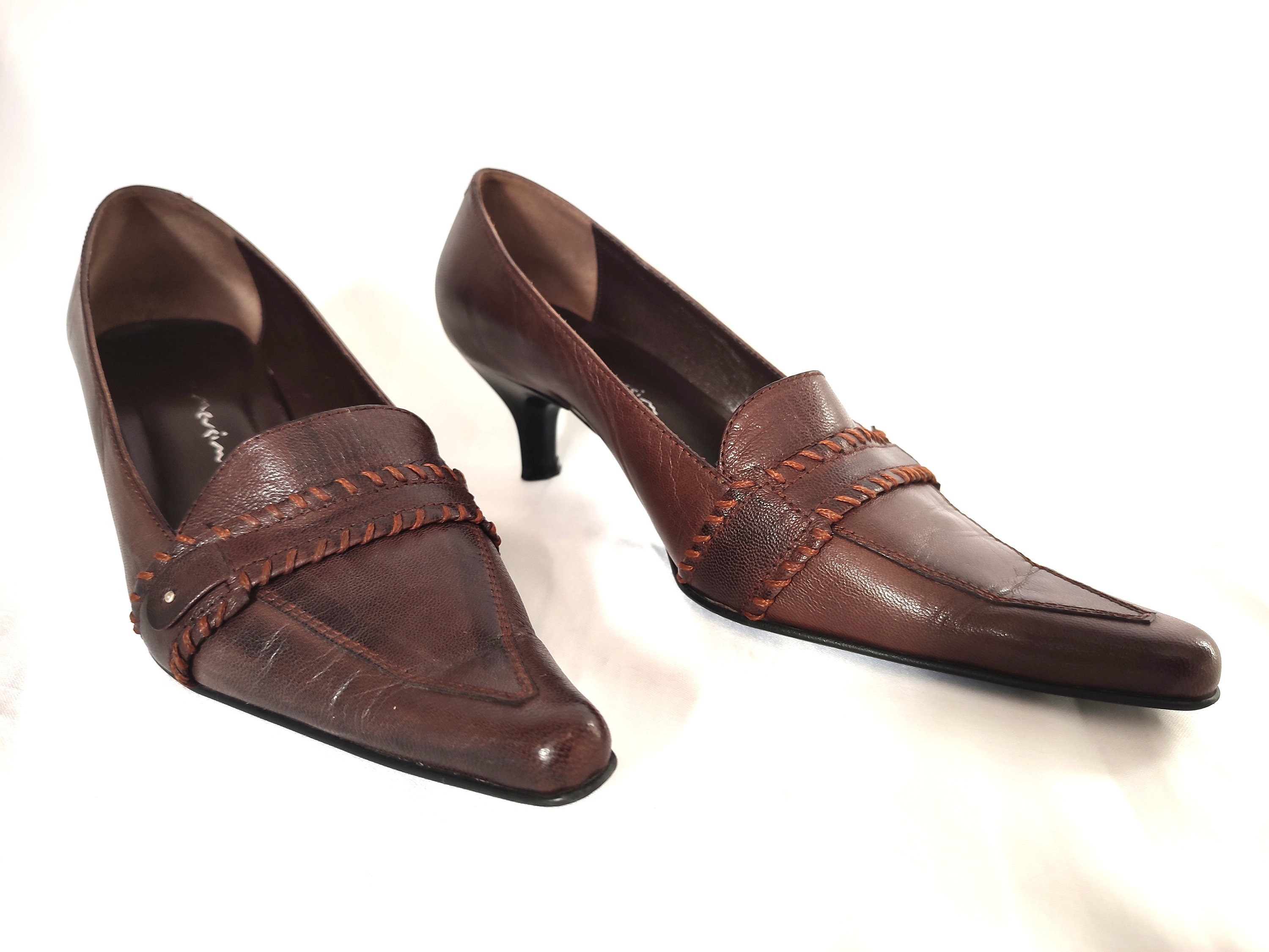 Y2k Brown Leather Kitten Heel Pumps, 90's 00's Pointed Toe Heels Eu39/us7.58/uk5.5 Trendy Shoes