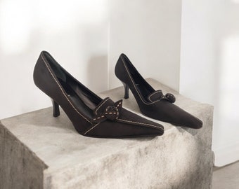 PRADA Vintage Black Leather Pointed Toe Pumps With Floral Buckle, 90's 00's Y2k Designer Pumps Made In Italy Eu37 1/2