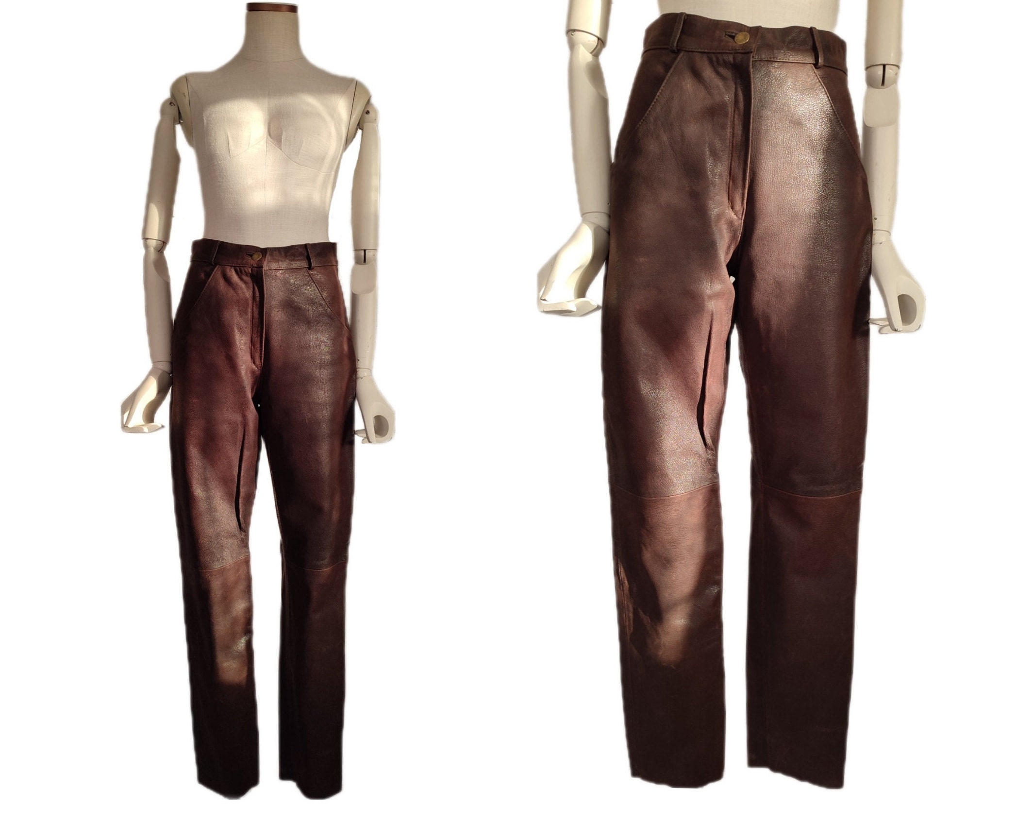 90's Vintage Brown Leather Trousers, High Waist Women's