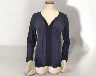Vintage Silk Navy Long Sleeve Blouse With Guipure Laced 90s 00s Y2k Womens Top Minimalist Blouse Top MASSIMO DUTTI