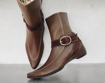 Y2k Vintage Leather Pointed Toe Flat Ankle Boots In Khaki Brown Unused Women Boots Eu37-37.5/Us6.5-7