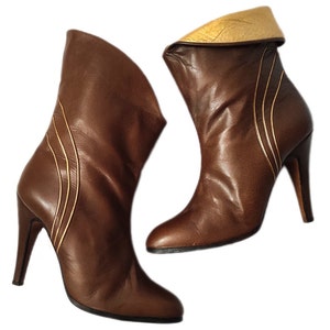 Vintage Brown&Gold Leather Boots Ankle Booties 70's 80's 90's Handmade Boots Size Eu34-35