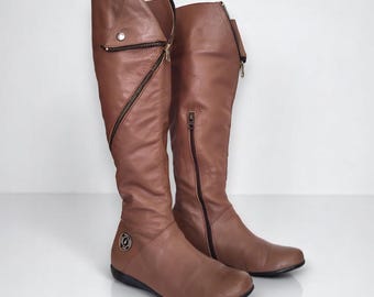 Bottes plates zippées montantes montantes vintage en cuir de vison, Italie, tendance, bottes pour femmes, années 2000, années 2000 - Eu36