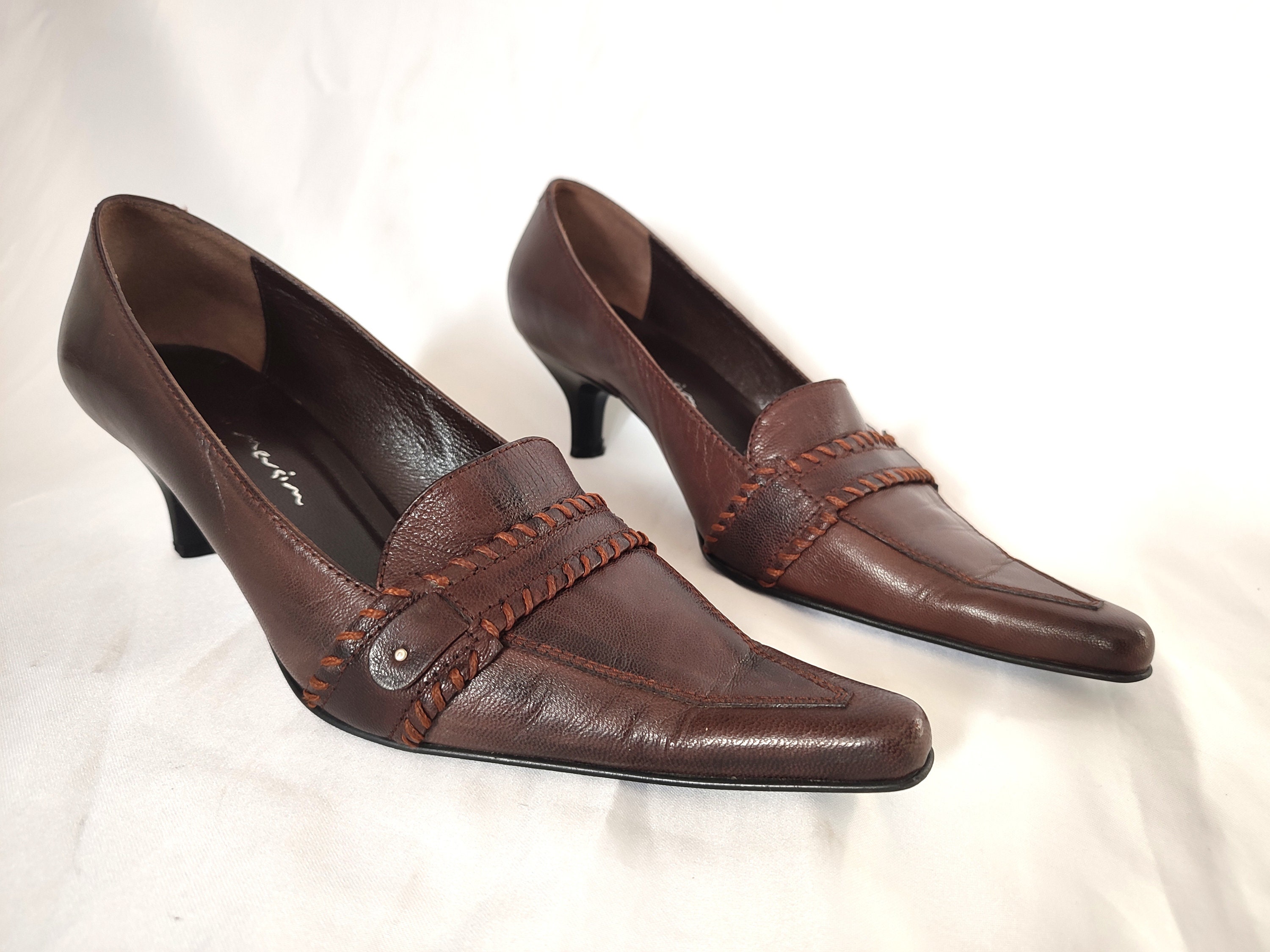 Y2k Brown Leather Kitten Heel Pumps, 90's 00's Pointed Toe Heels Eu39/us7.58/uk5.5 Trendy Shoes