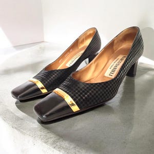 Vintage Italian Black Square Toe Low Heel Pumps With Gold Detail Made In Italy Marco Danieli Pumps 80s 90s Designer Pumps Eu36/Us6