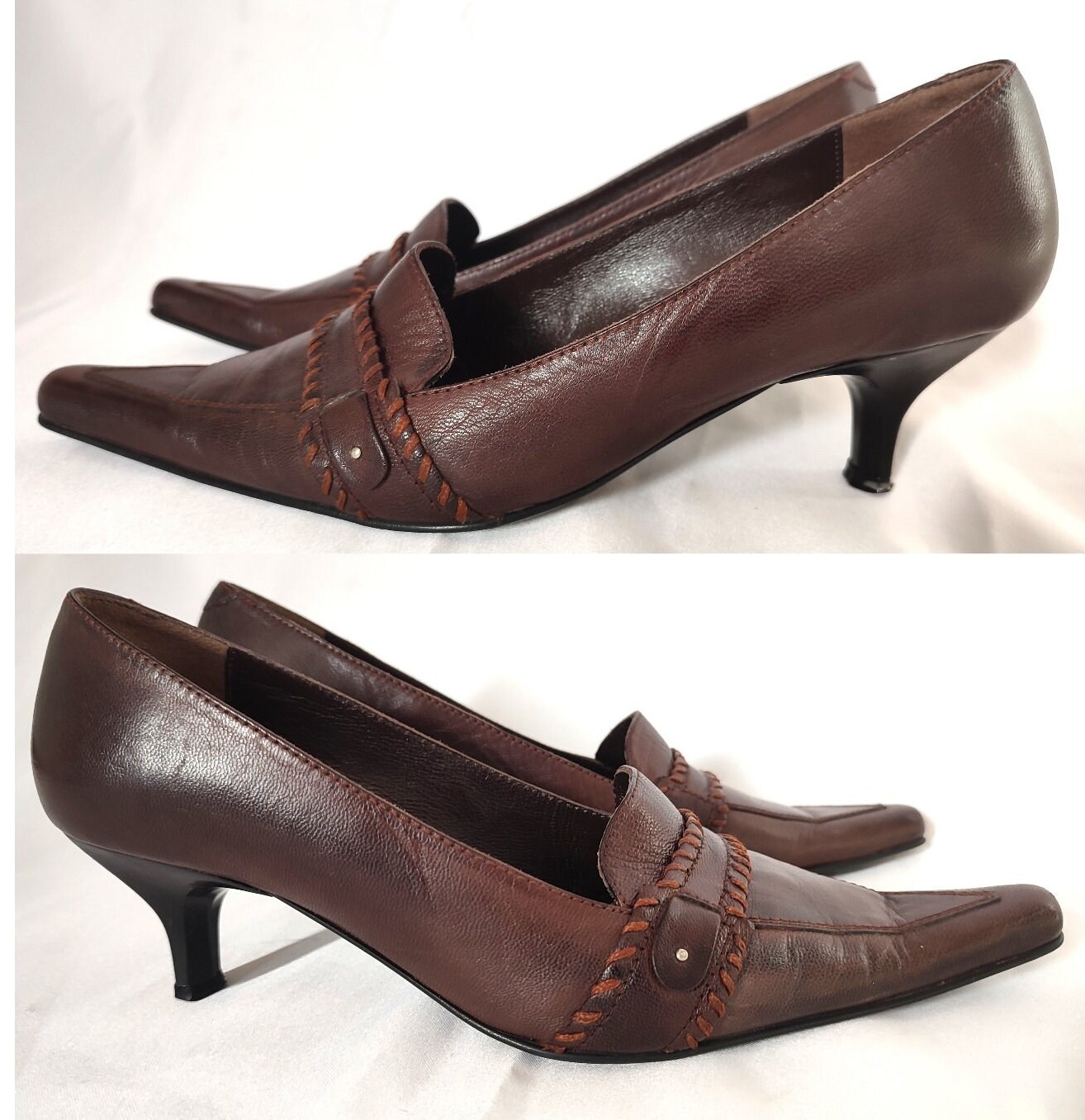 Y2k Brown Leather Kitten Heel Pumps, 90's 00's Pointed Toe Heels Eu39/us7.58/uk5.5 Trendy Shoes