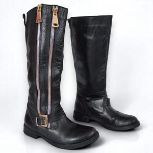 ALDO Vintage High Knee Zipper Boots Black Leather Flat Riding Boots LAVARZIONE ARTIGIANA 90s 00s Designer Boots Eu39-Us8