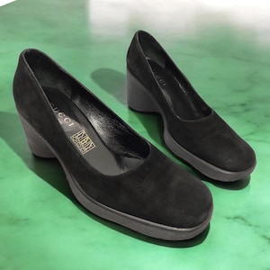 GUCCI 90&#39;s Vintage Black Leather Square Toe Wedges Pumps 90&#39;s 00&#39;s Y2k Vintage Designer Authentic GG Pumps Made In Italy