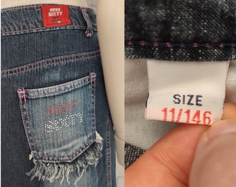 Mini jupe en jean vintage MISS SIXTY avec déchirures et glands des