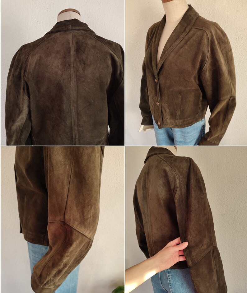 Puede incluir: Una chaqueta de ante marr&oacute;n con cuello, cierre de botones y mangas largas. La chaqueta tiene un corte holgado y una longitud recortada.