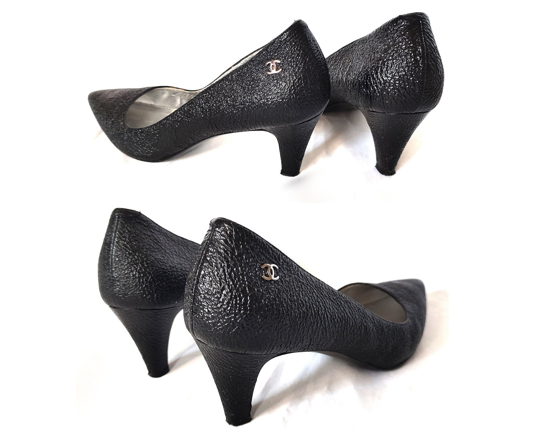 CHANEL Black Patent Leather Classic CC Logo Pumps Authentic