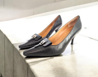 CHARLES JOURDAN Black Leather Pumps Pointed Toe Mid Heels 90's 00's Y2k Vintage Designer Pumps Made In France Eu37-37.5/Us6.5-7/Uk4-4.5