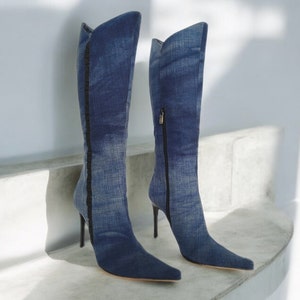 CASADEI High Knee Jean Boots Pointed Toe High Heeled Boots 90&#39;s 00&#39;s Vintage Designer Boots Made In Italy NOS Eu36-37/Us6-6.5