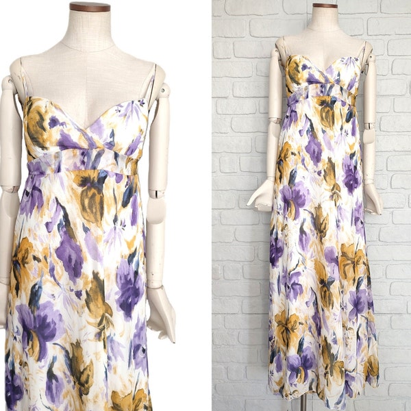 Y2k Vintage Floral Chiffon Strap Long Sleeveless Dress In White/Purple/Yellow  90's 00's Y2k Dress Xxs-Xs