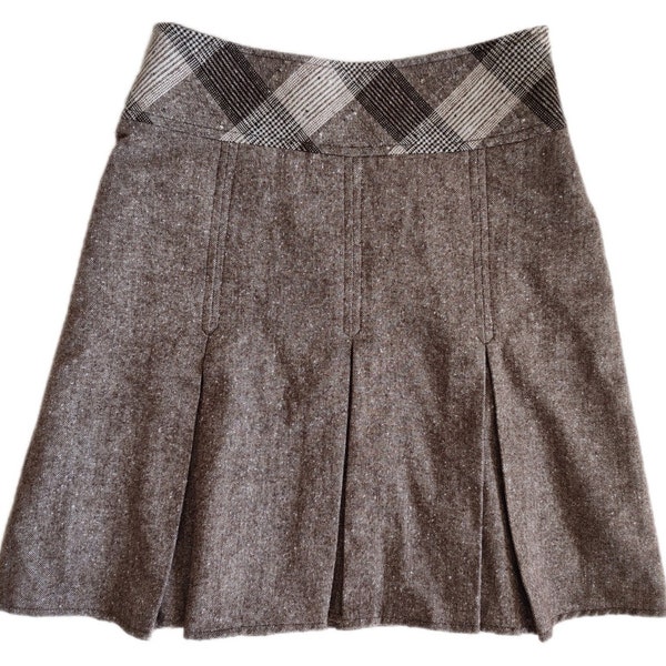 Vintage Brown Plaid Pleated Wool Mini Skirt, 90's 00's Y2k High Waisted M Women Retro Short Autumn/Winter Skirt, Gifts For Her,