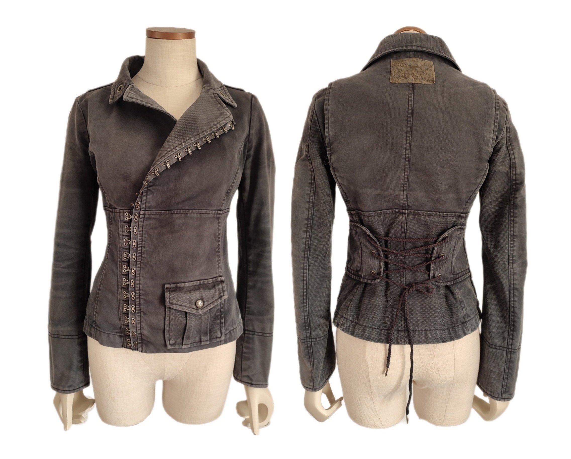 Vintage Diesel Gray Denim Corset Jacket, 00's Y2k Hook and Vintage Diesel Gray Denim Corset Jacket, 00's Y2k Hook and