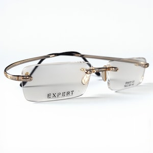 Peut inclure: Lunettes sans monture avec des verres rectangulaires et des accents métalliques dorés. Les verres sont transparents et la monture porte le mot "EXPERT" imprimé sur le verre gauche. Design minimaliste.