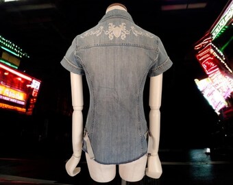 DIESEL Y2k Vintage Denim Top With Zip&back Logo Short Sleeve