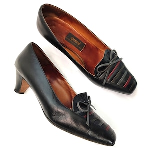 70&#39;s Vintage Black Leather Kitten Heeled Loafers Pumps With Buckle&Striped Detail Handmade Womens Heels 60s 70s 80s 90s Pumps Eu37-Us6.5