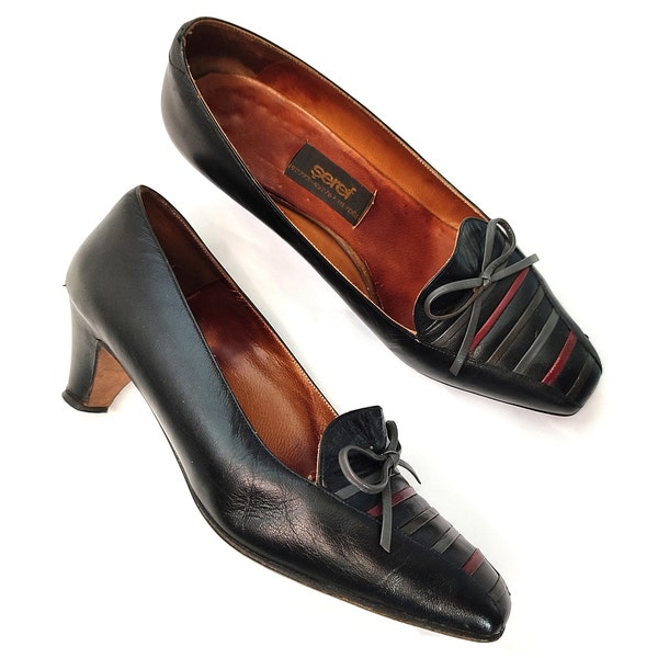 70's Vintage Black Leather Kitten Heeled Loafers Pumps With Buckle&Striped Detail Handmade Womens Heels 60s 70s 80s 90s Pumps Eu37-Us6.5